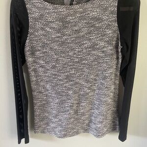 Boat neck gray knit top with sheer sleeves